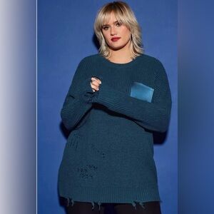 NWT Torrid Lovesick Distressed Satin Pocket Pullover Sweater